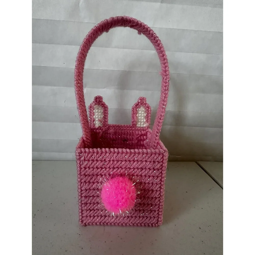 Mini Easter Basket with Pale Pink Sparkly Bunny Colorful Plastic Canvas Handmade